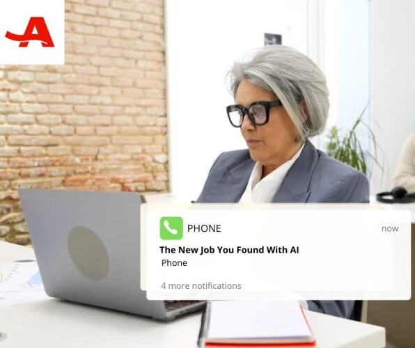 woman on laptop with phone notifications saying job found with AI
