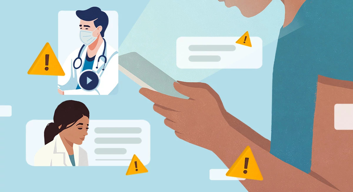 illustration of a person holding a smartphone while scrolling through social media videos of people in medical coats. Yellow warning triangles with exclamation points appear next to the message bubbles and video frames