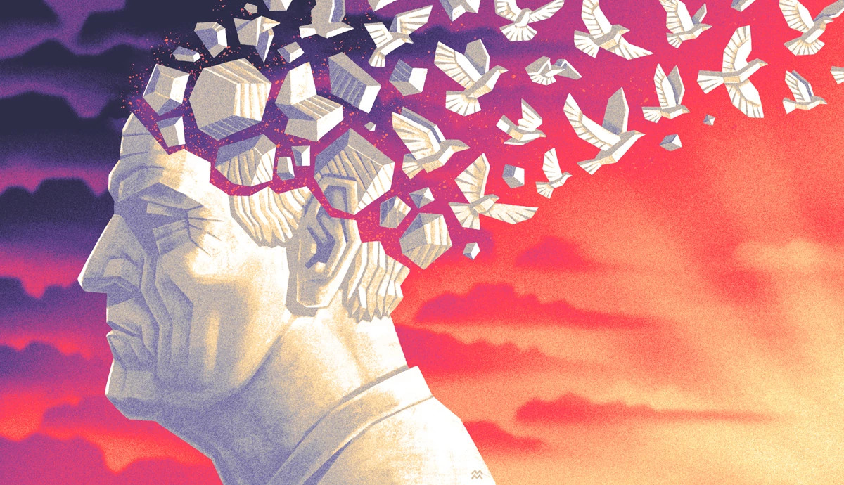 A graphic illustration shows an older adult man made of stone in front an orange and purple cloudy sky. The back of his head is cracking off, the pieces turning into stone birds which are flying away