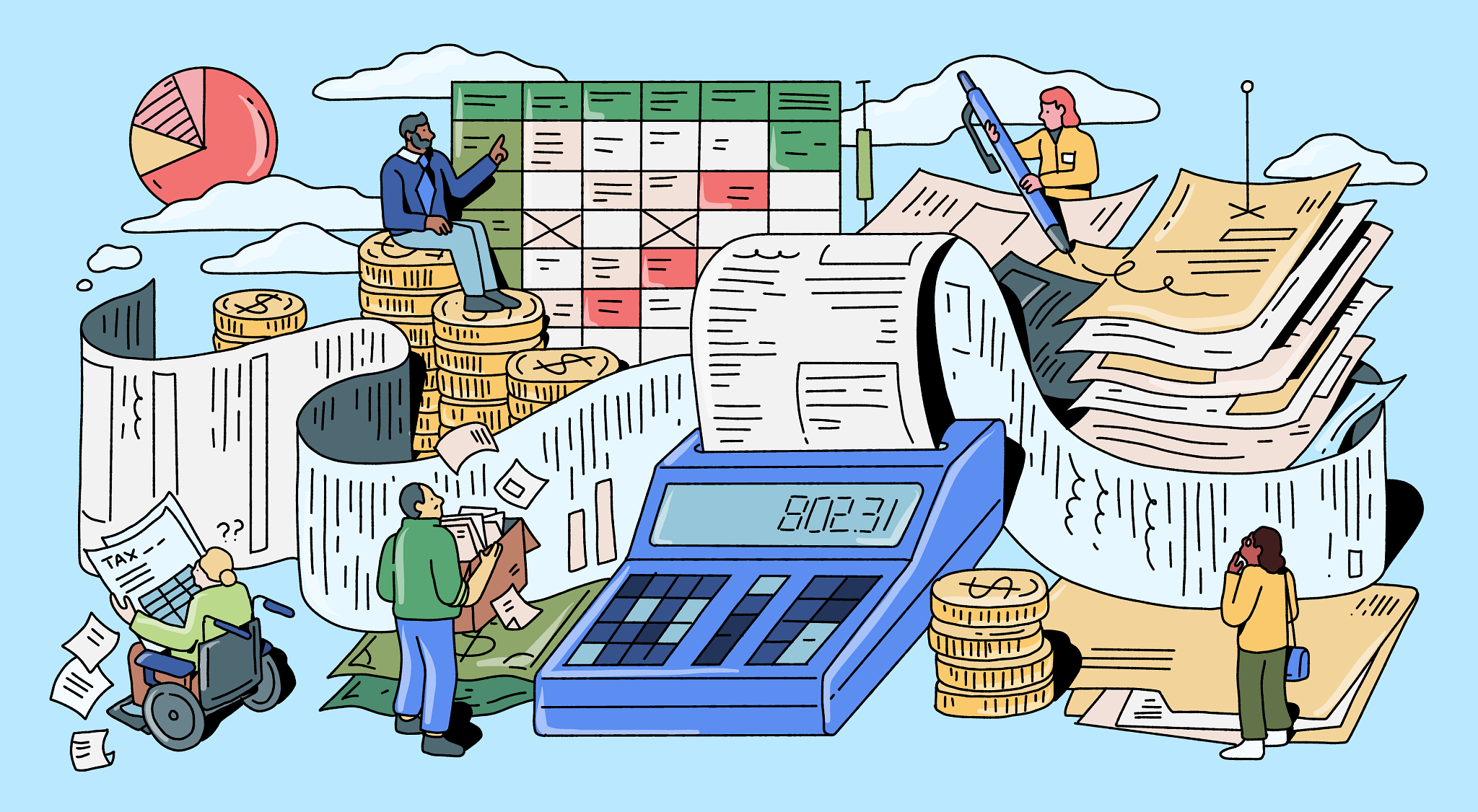 a series of images that signify taxes, including a calculator, piles of documents, money and charts