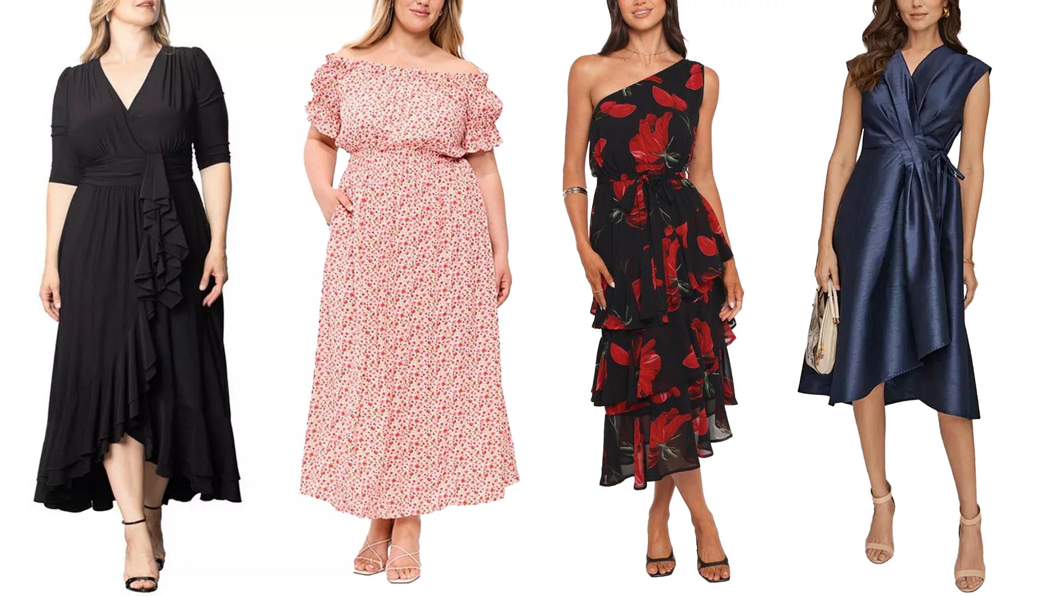 a collage with  models wearing dressy spring frocks in various colors