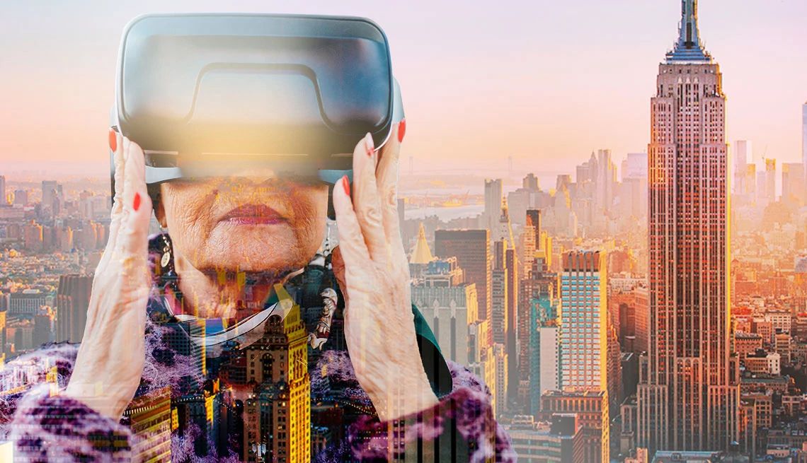 a woman with virtual reality glasses and the new york city skyline