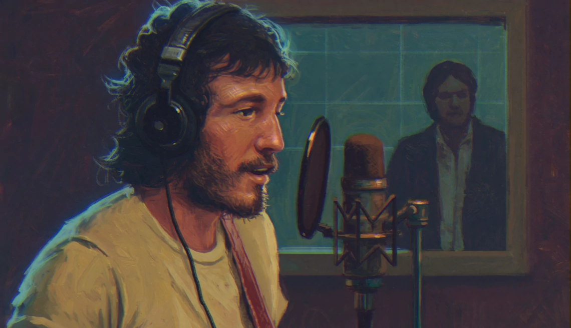 Portrait of Springsteen recording a song