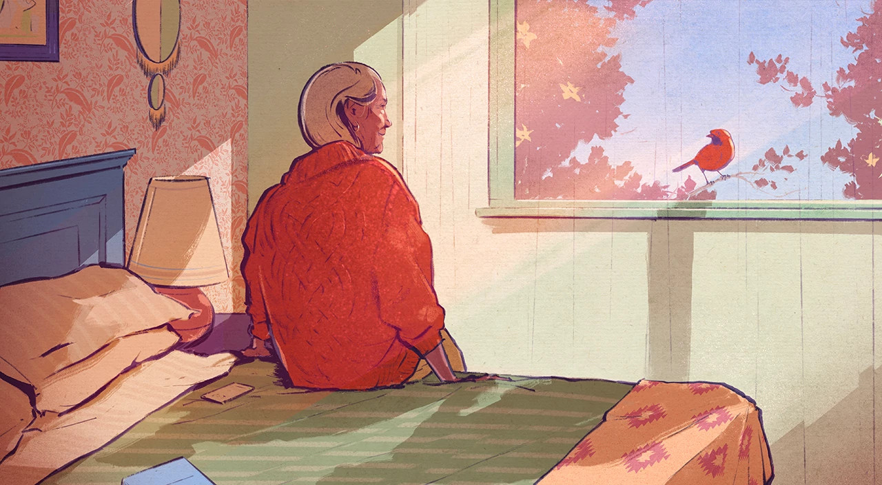 cardinal, visiting woman, window, illustration