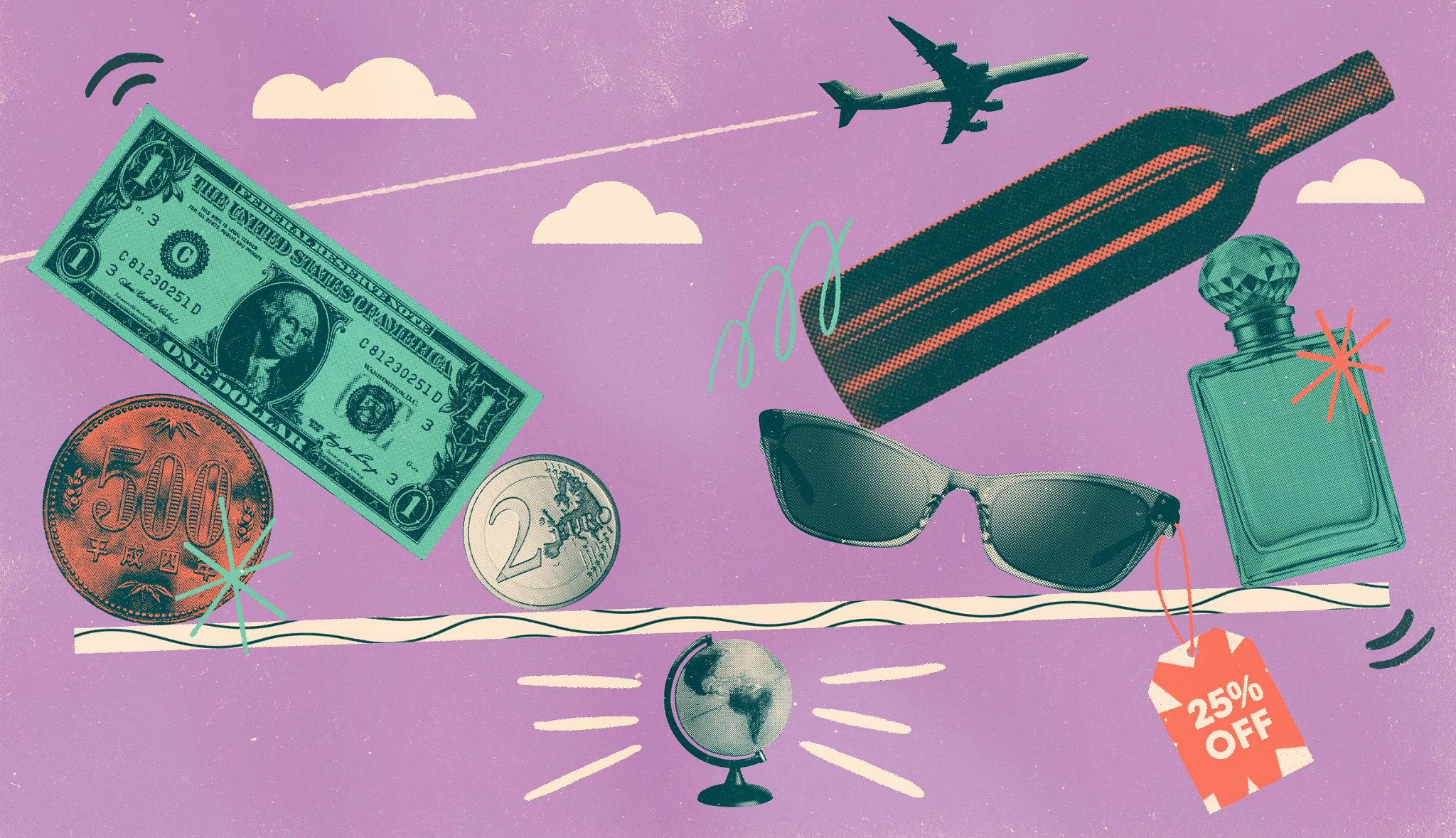 An illustration of cash, an airplane, sunglasses, a perfume bottle, a sale tag and globe on a purple background.