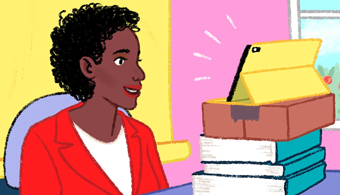 illustration_of_woman_sitting_in_front_of_backdrop_and_behind_iPad_on_zoom_call_by_nicole_miles_1440x400