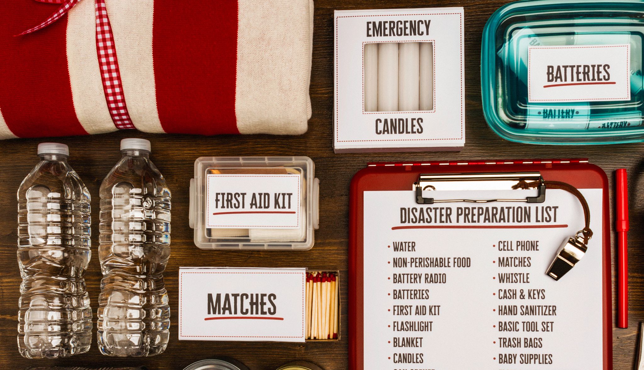 Flat lay of a collection of items for disaster preparedness and disaster planning Flat lay of a collection of items for disaster preparedness and disaster planning