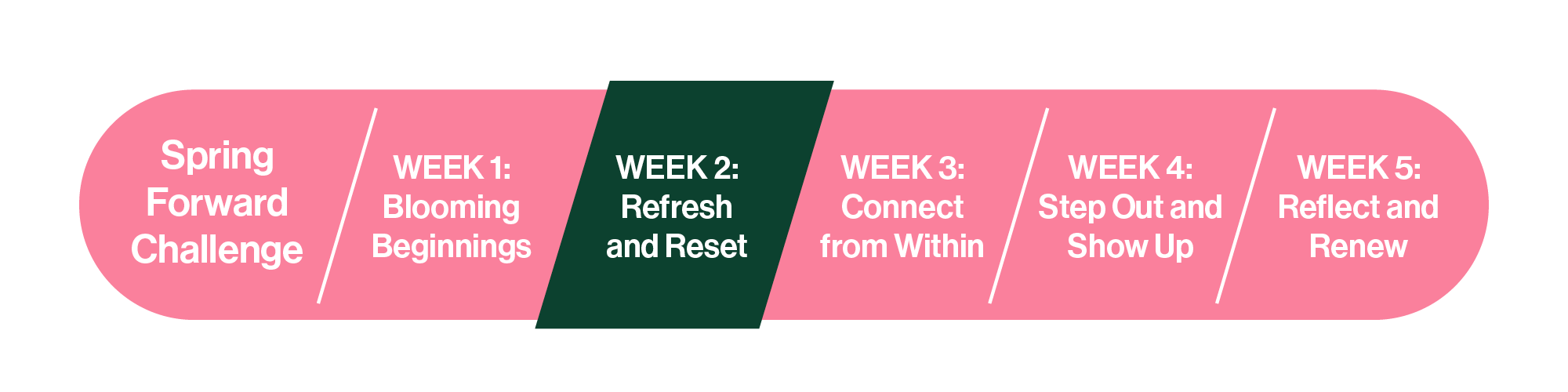 Progress bar for The Ethel Spring Forward Challenge. Week 1 Blooming Beginnings. Week 2 Refresh and Reset, Week 3 Connect From Within, Week 4 Step Out and Show Up, and Week 5 Reflect and Renew are also shown on the progress bar