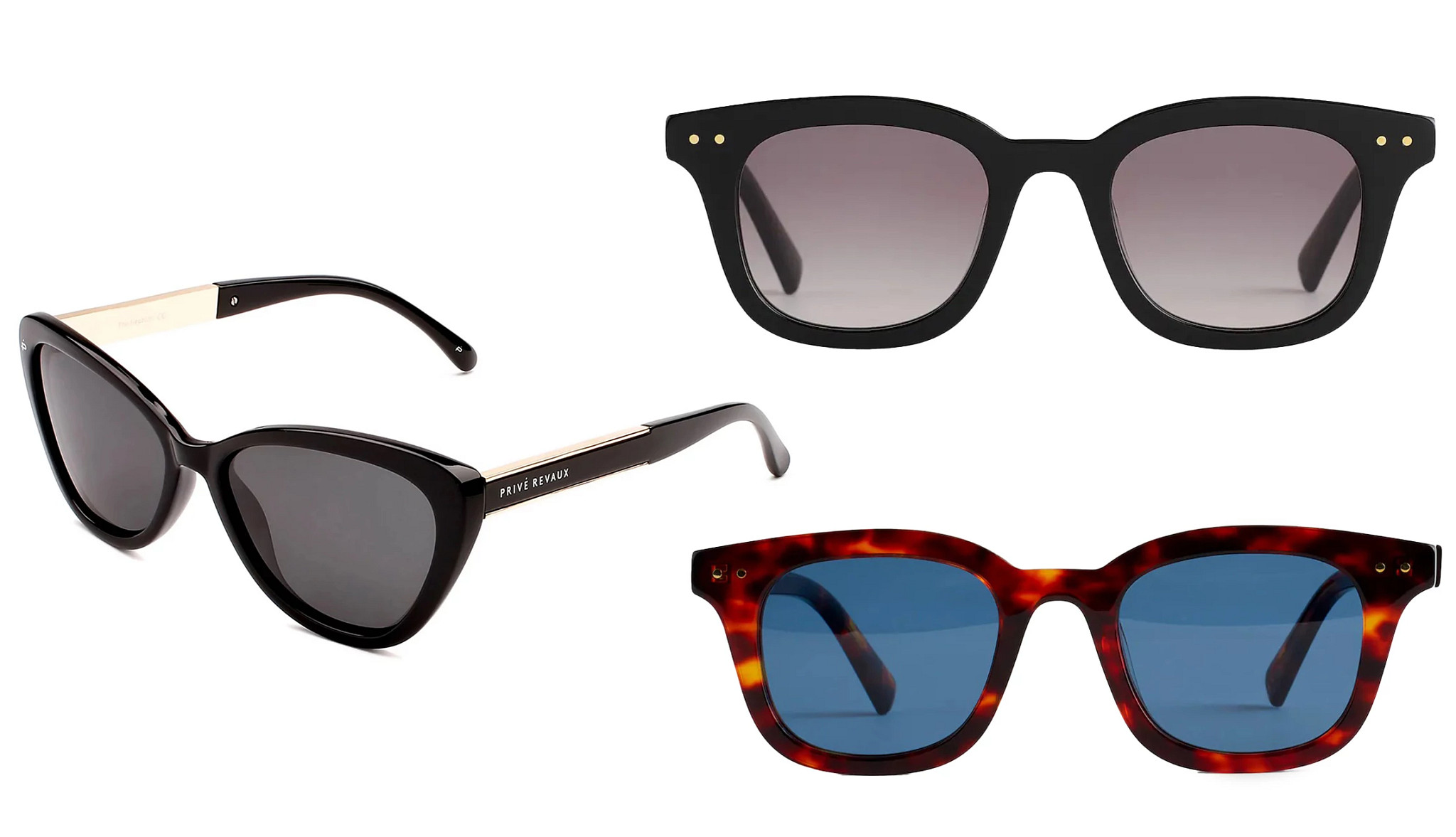 a collage with three different styles of sunglasses