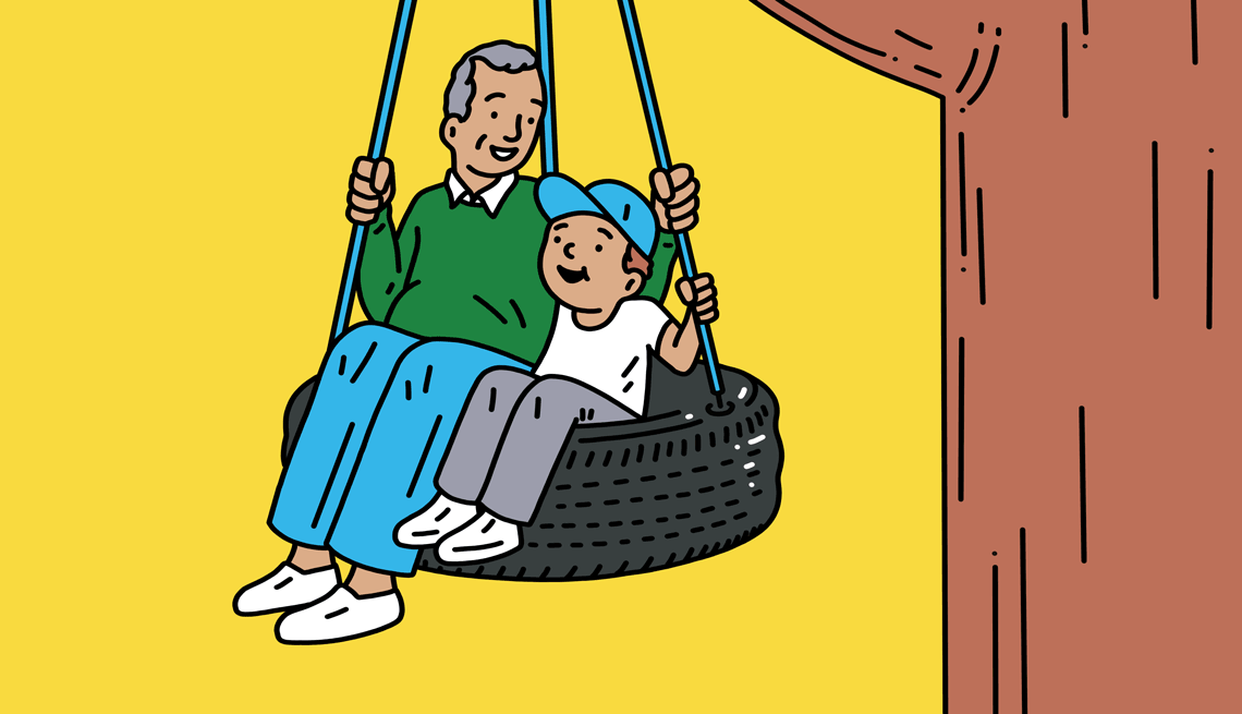 An illustration shows an older adult and a child swinging on a tire
