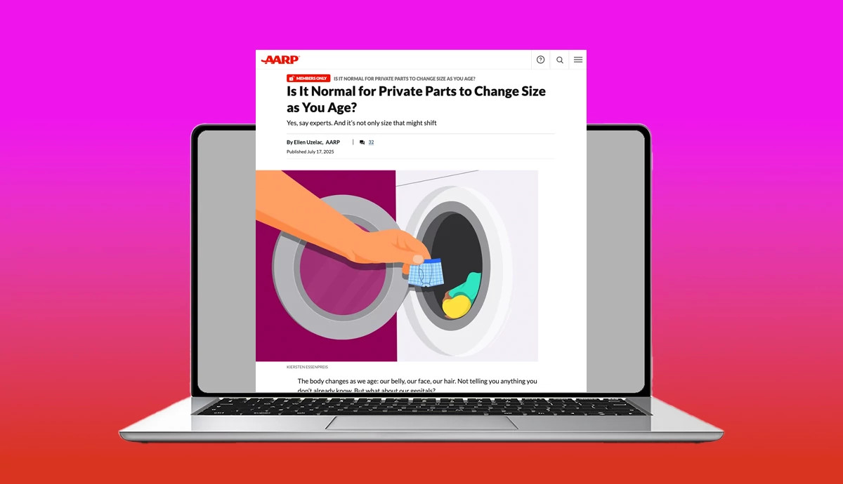 a graphic illustration shows an open laptop computer. the web page for an in the mood column on the changing size of private parts as you age is emerging from the screen