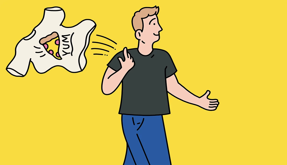 an illustration shows a person throwing away a t shirt with a slice of pizza printed on it