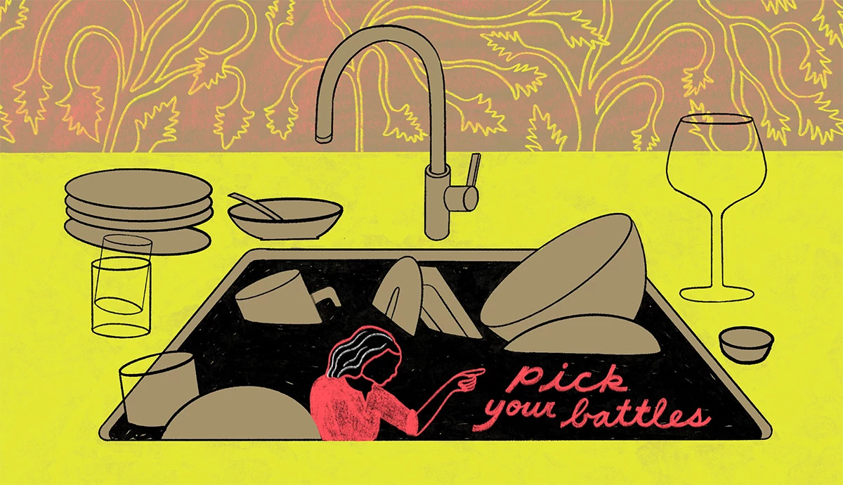 an illustration shows a kitchen sink full of dishes along with a silhouette of a mom saying: pick your battles