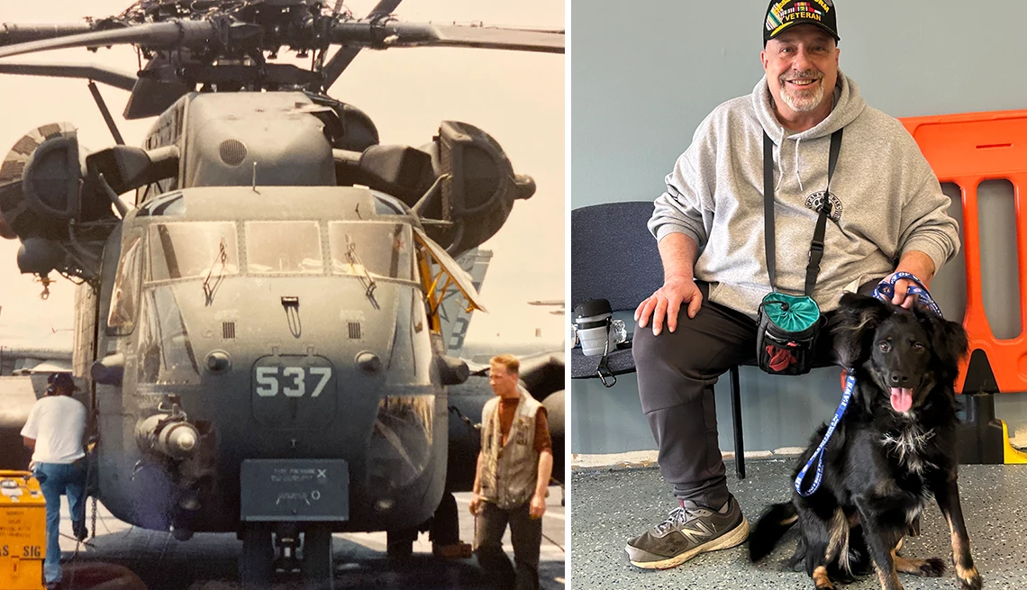 Veteran and his service dog left image shows a man walking by a military helicopter. right image shows a man in a veteran hat sitting with a black dog