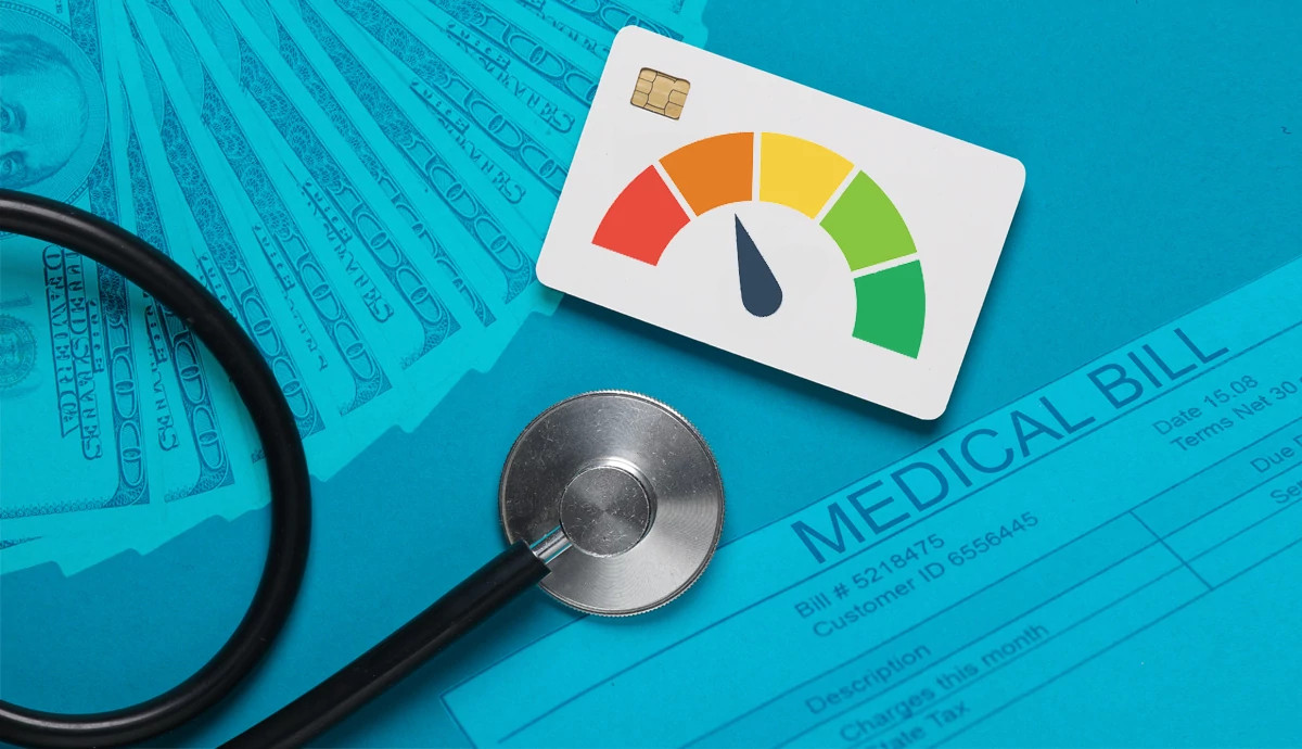 money a stethoscope a credit card that shows someones credit score