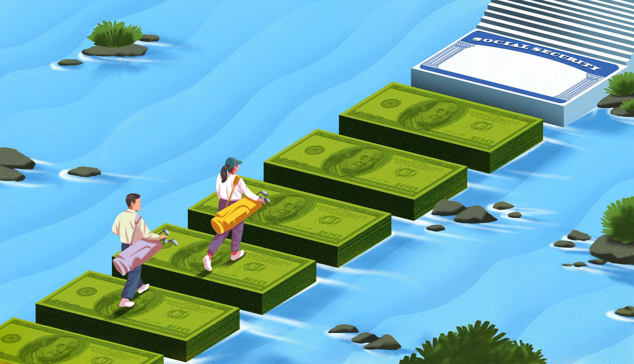 Social Security Bridge Strategy two people carrying golf clubs walk across a waterway on paths of dollar bills. the path leads to a social security card