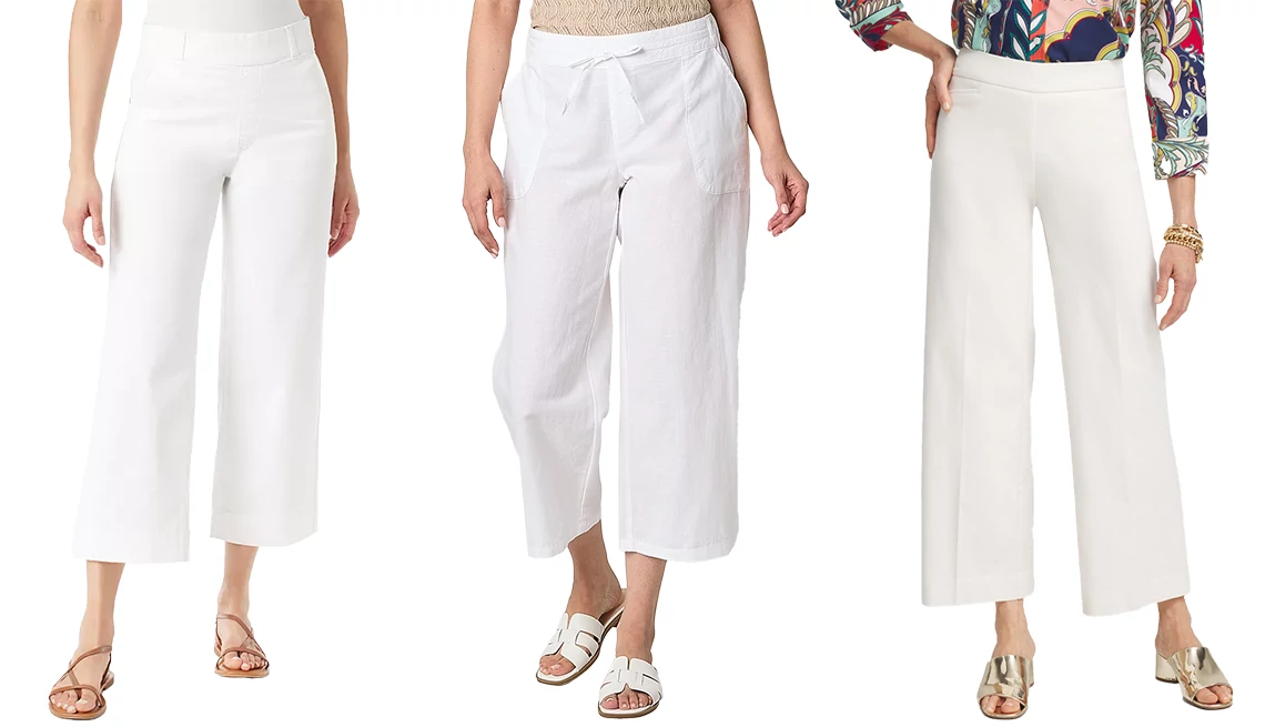 Gloria Vanderbilt Women’s Shape Effect Wide Leg Crop Pants in Vintage White; Liz Claiborne Women’s Linen Mid-Rise Wide Leg Pull-On Pants in White; Chico’s Brigitte Wide-Leg Cropped Pants in Alabaster