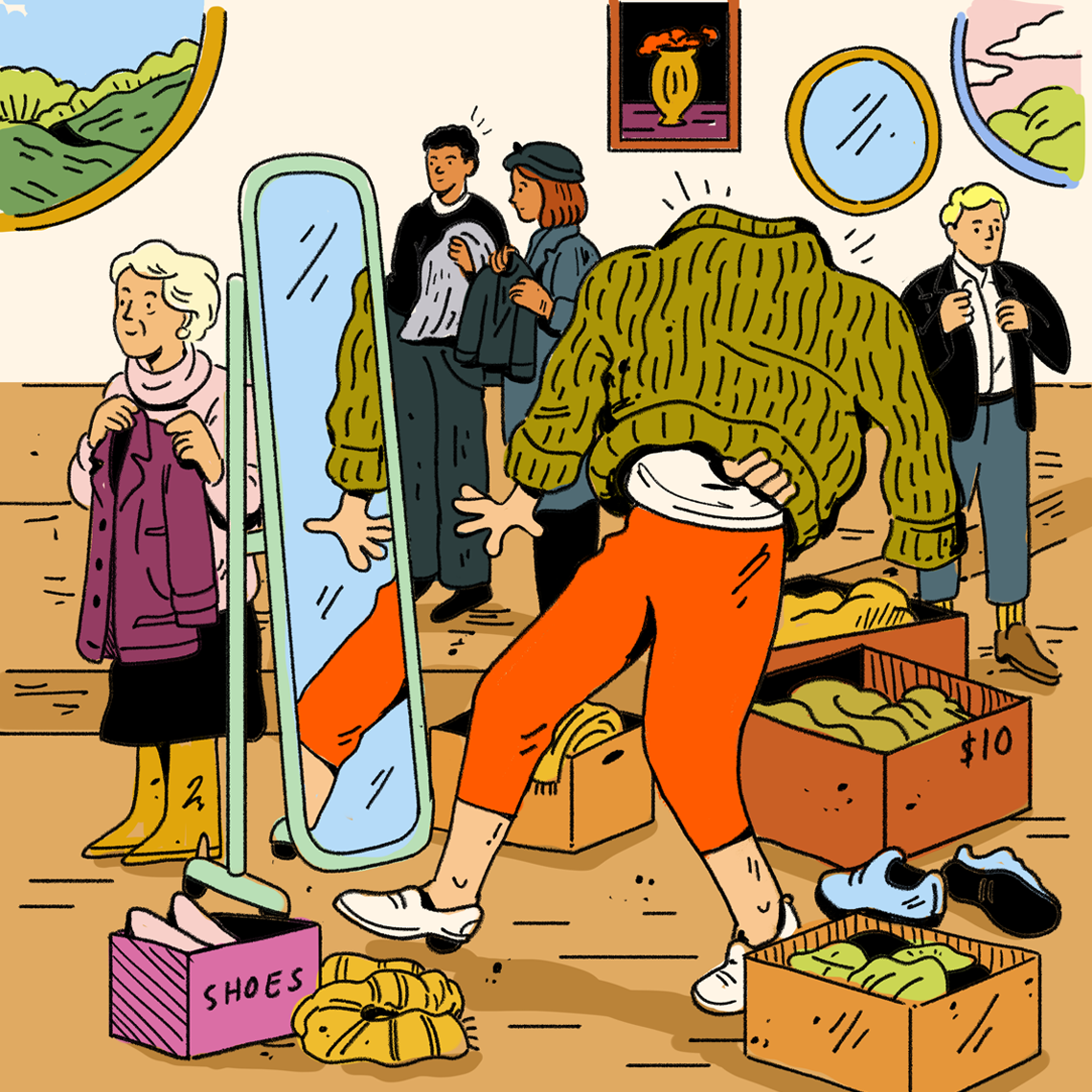 figures hold and try on clothes at a sample sale