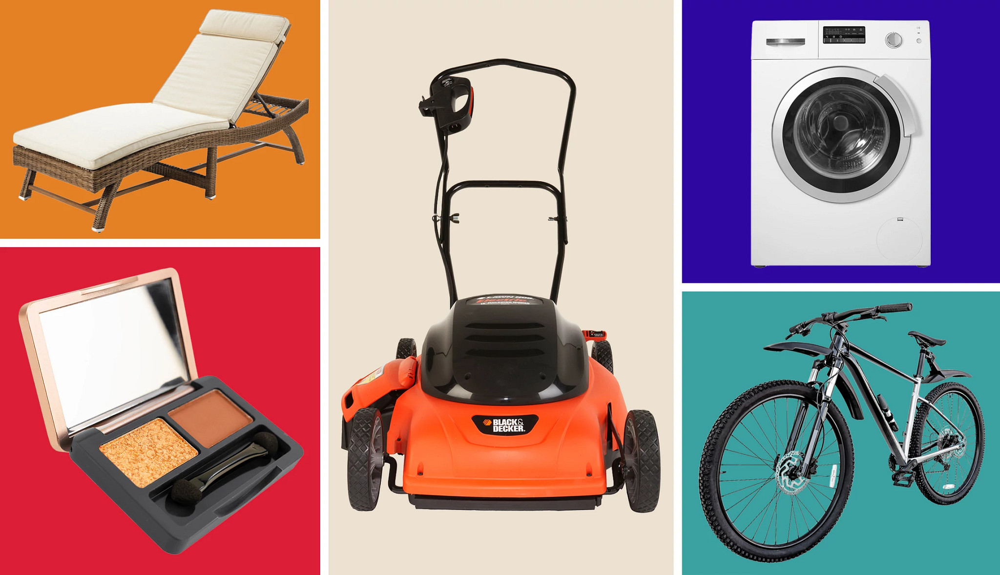 An outdoor chaise longue, lawnmower, washing machine, bicycle and makeup, representing some items usually on sale in September