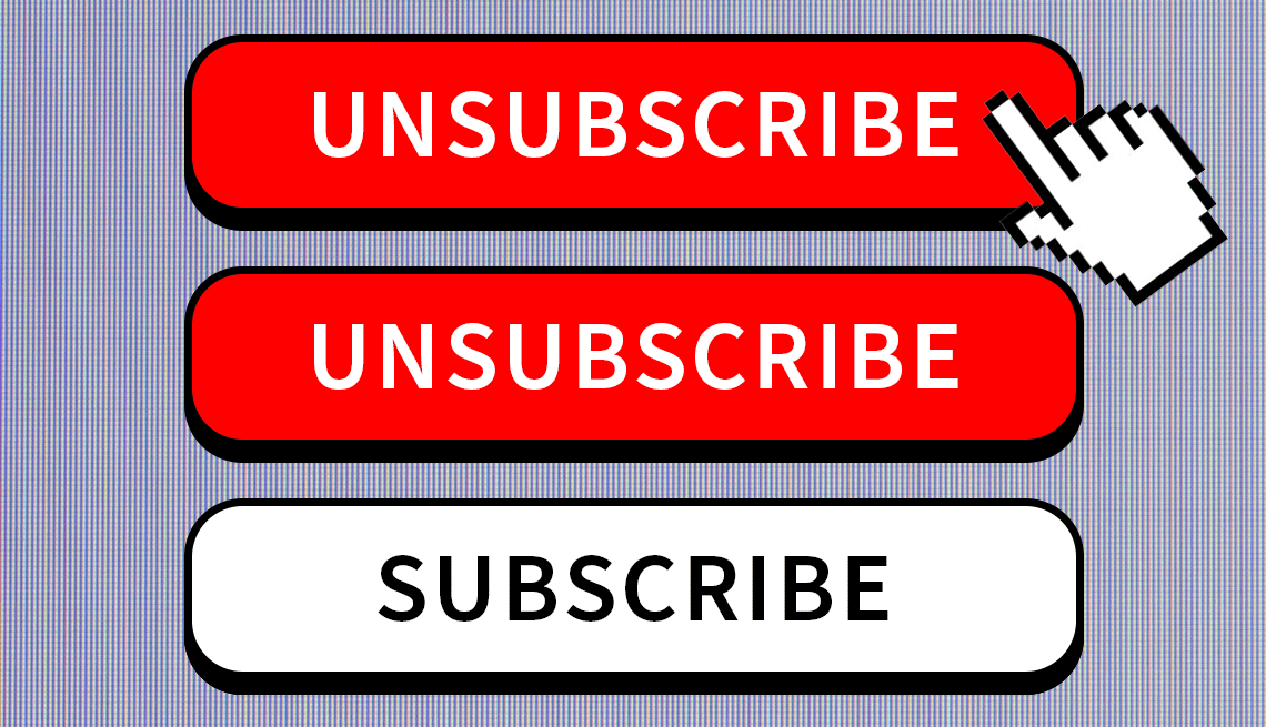 Safely unsubscribe from emails and texts a gif showing a person pushing unsubscribe buttons