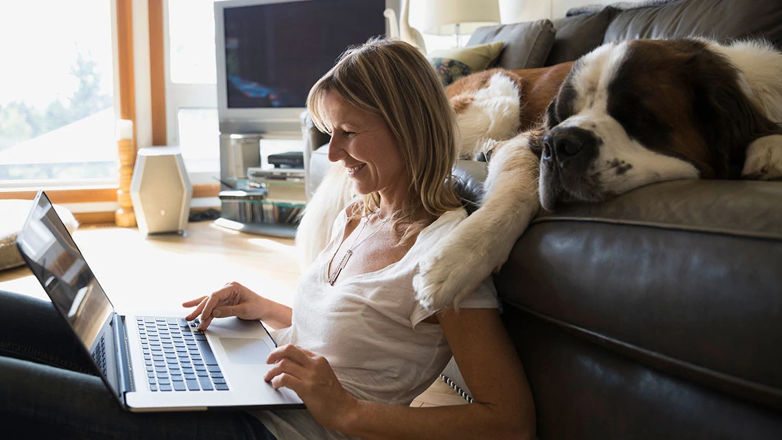 dog on couch and woman on floor sitting against couch while on laptop