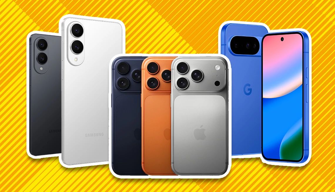 What to Know About Newest Phones A photo and graphic illustration shows, from left to right, new phones from Samsung, Apple, and Google