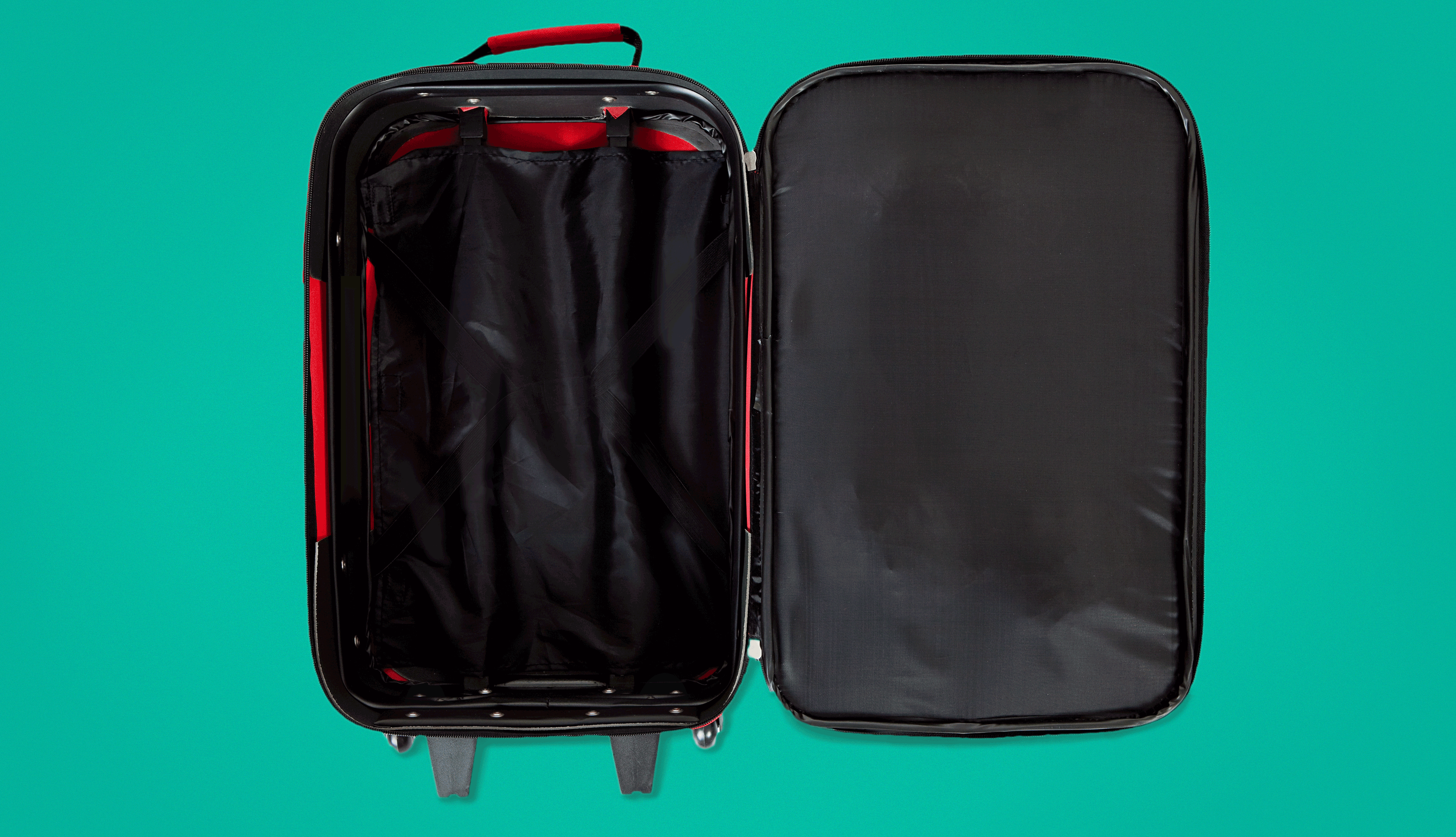 a gif of clothes folded or rolled in packing cubes being placed into a suitcase 
