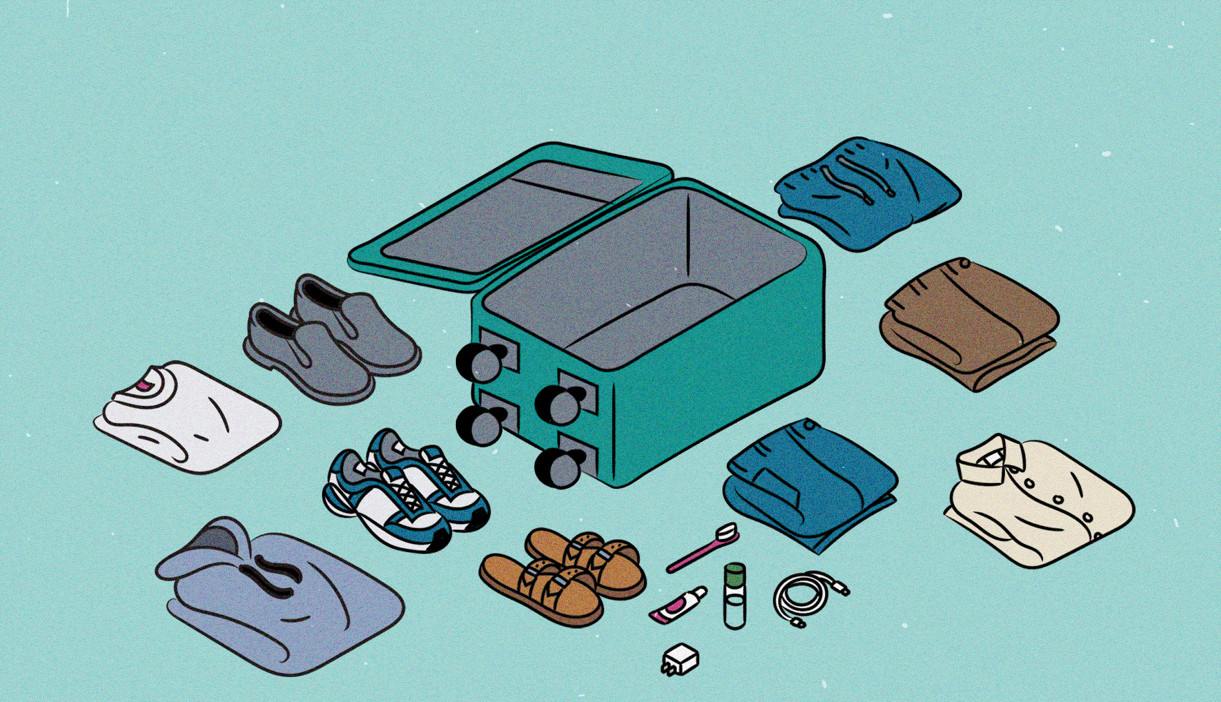 a gif of items coming out of an open suitcase