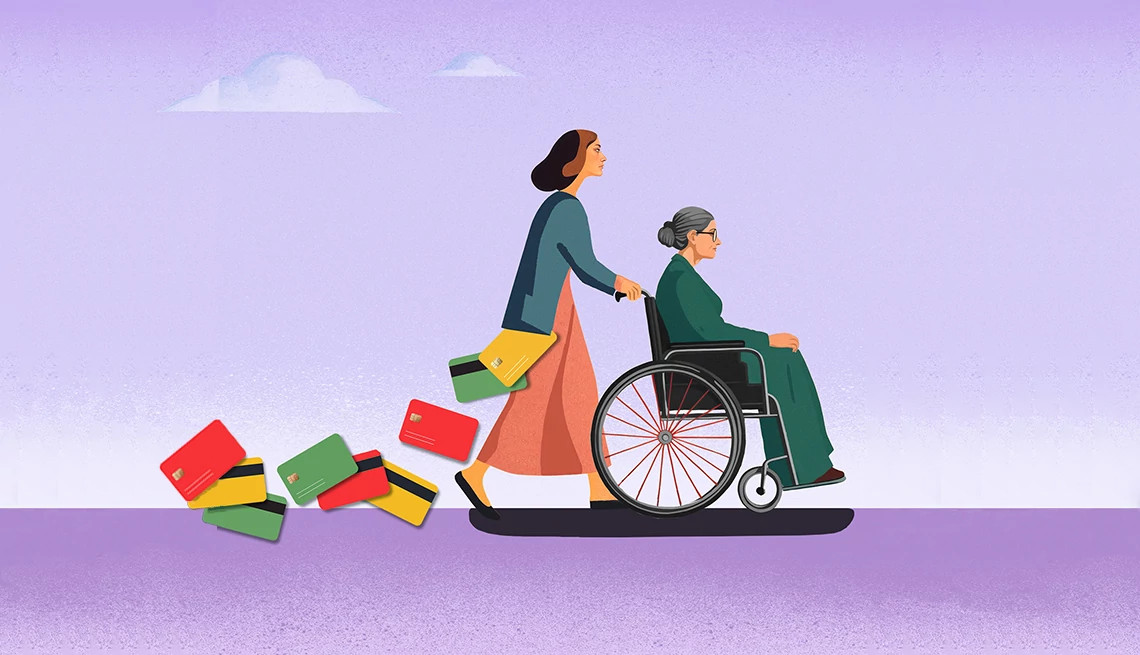 illustration of a woman pushing an older woman in a wheelchair with credit cards trailing behind them