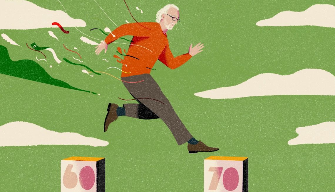 Sixty to seventy, a leap of faith Illustration of a person joyfully jumping