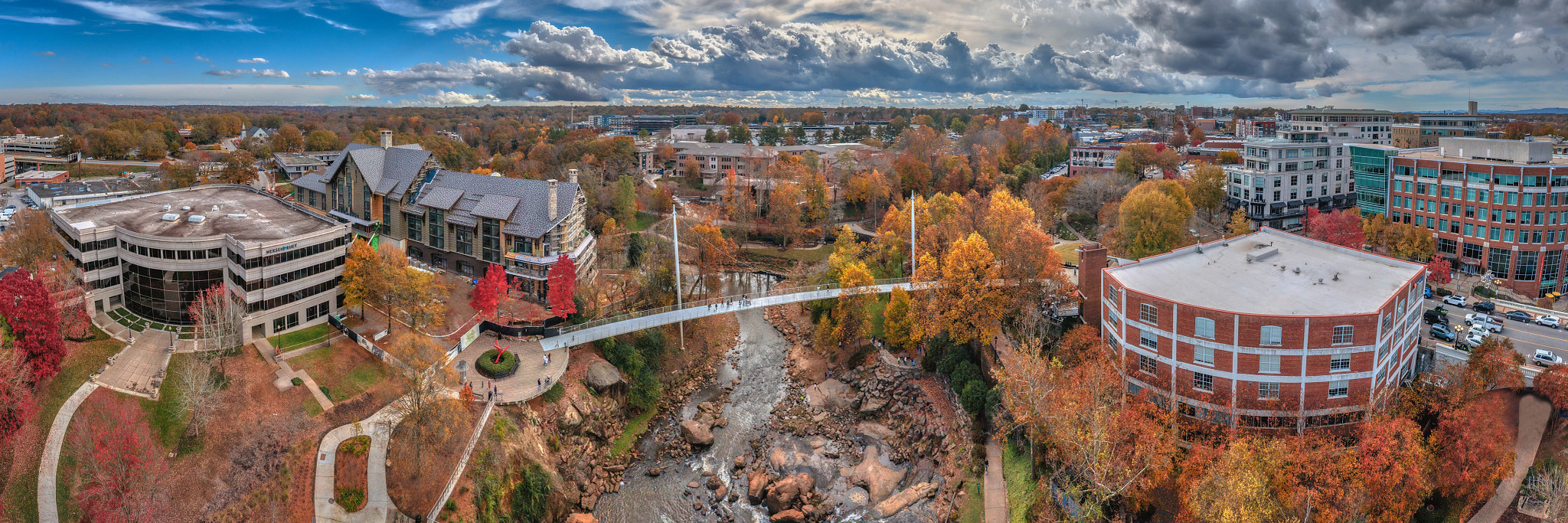 an aerial view of Liberty Bridge in Greenville, South Carolina