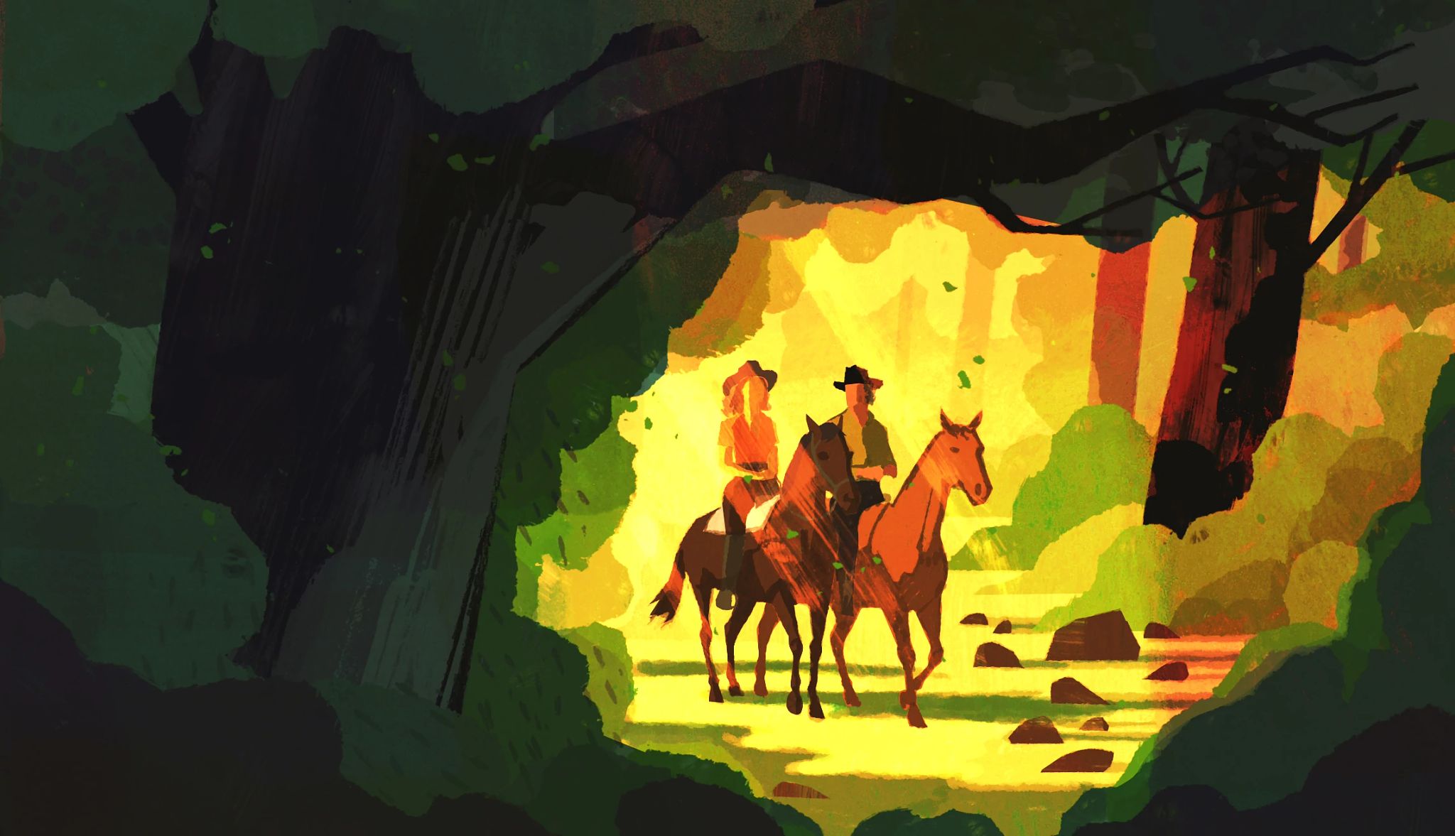 ‘The Longest Ride’ Chapters 7-9 Illustration depicting a view through foliage of Luke Collins and Sophia Danko riding horses through shafts of sunlight in a forest