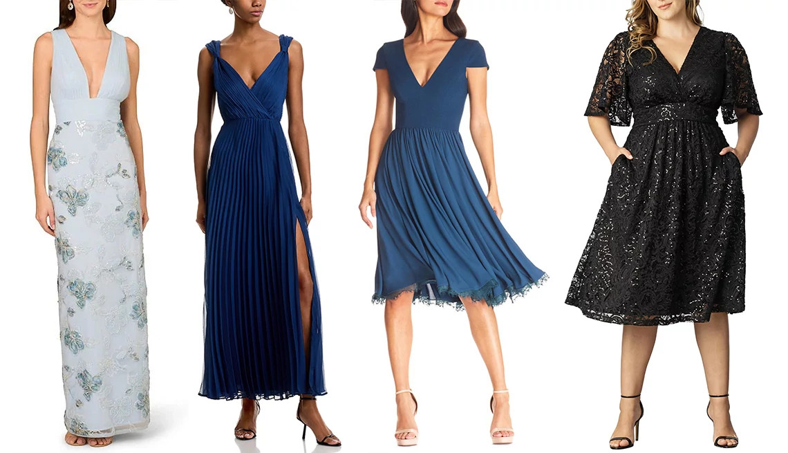 Aidan Mattox Embroidered V-Neck Sleeveless Pleated Mesh Bodice Column Dress in Tropez Blue; AQUA Pleated Gown in Navy; Dress the Population Corey Chiffon Fit & Flare Cocktail Dress in Peacock Blue; Kiyonna Plus-Size Starry Sequined Lace Cocktail Dress in Onyx