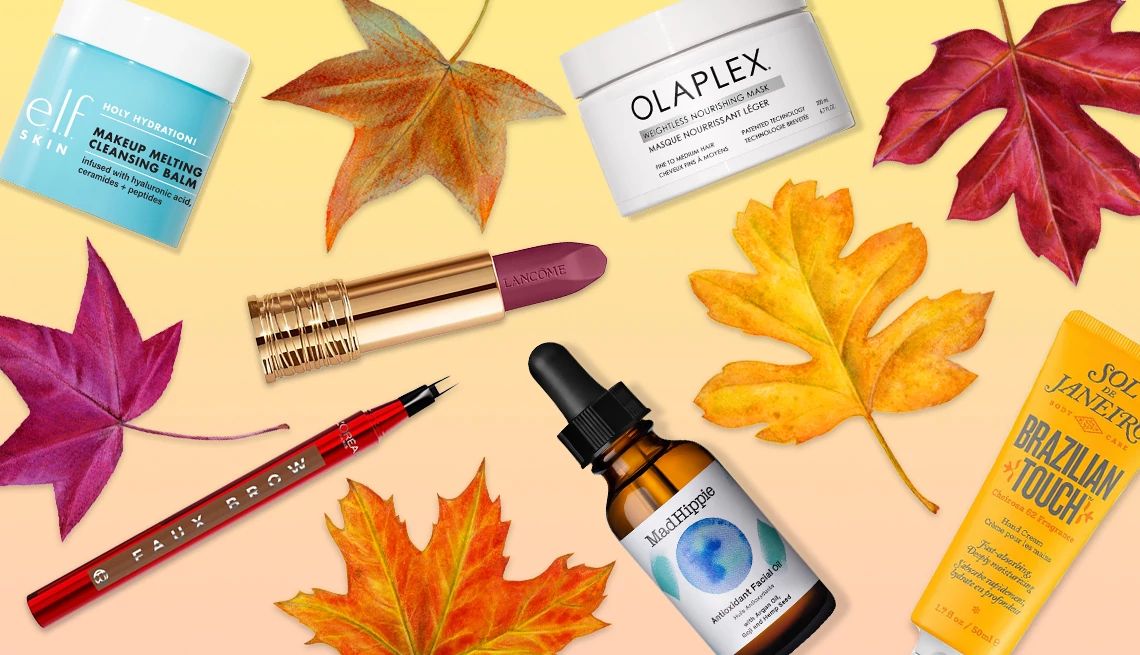 Worst Fall Beauty Mistakes a collage with autumn leaves and beauty products