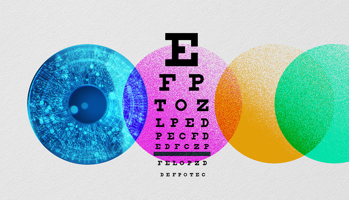 Eye tests can help with early detection of eye diseases and prevent blindness. Eyeball with an eye chart and colorful dots around it