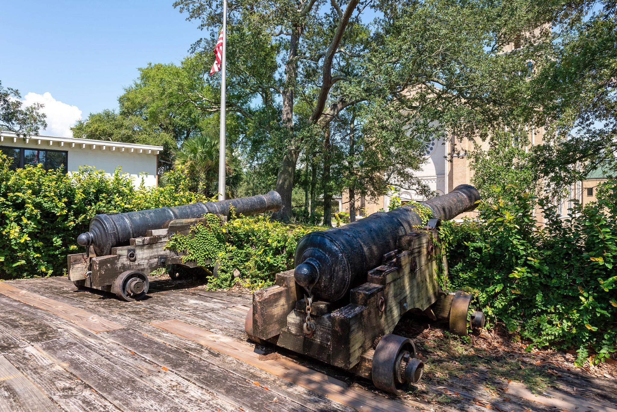 two cannons surronded by trees and greenery