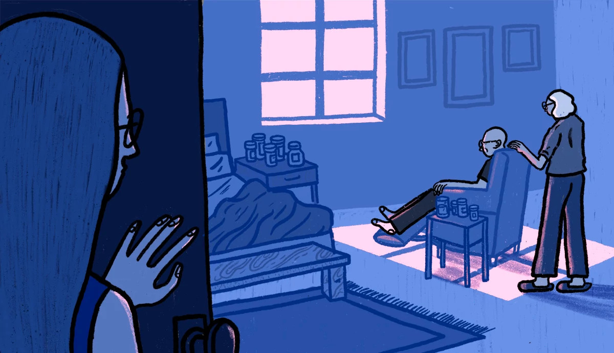 a person looking around a corner at two people in a living room