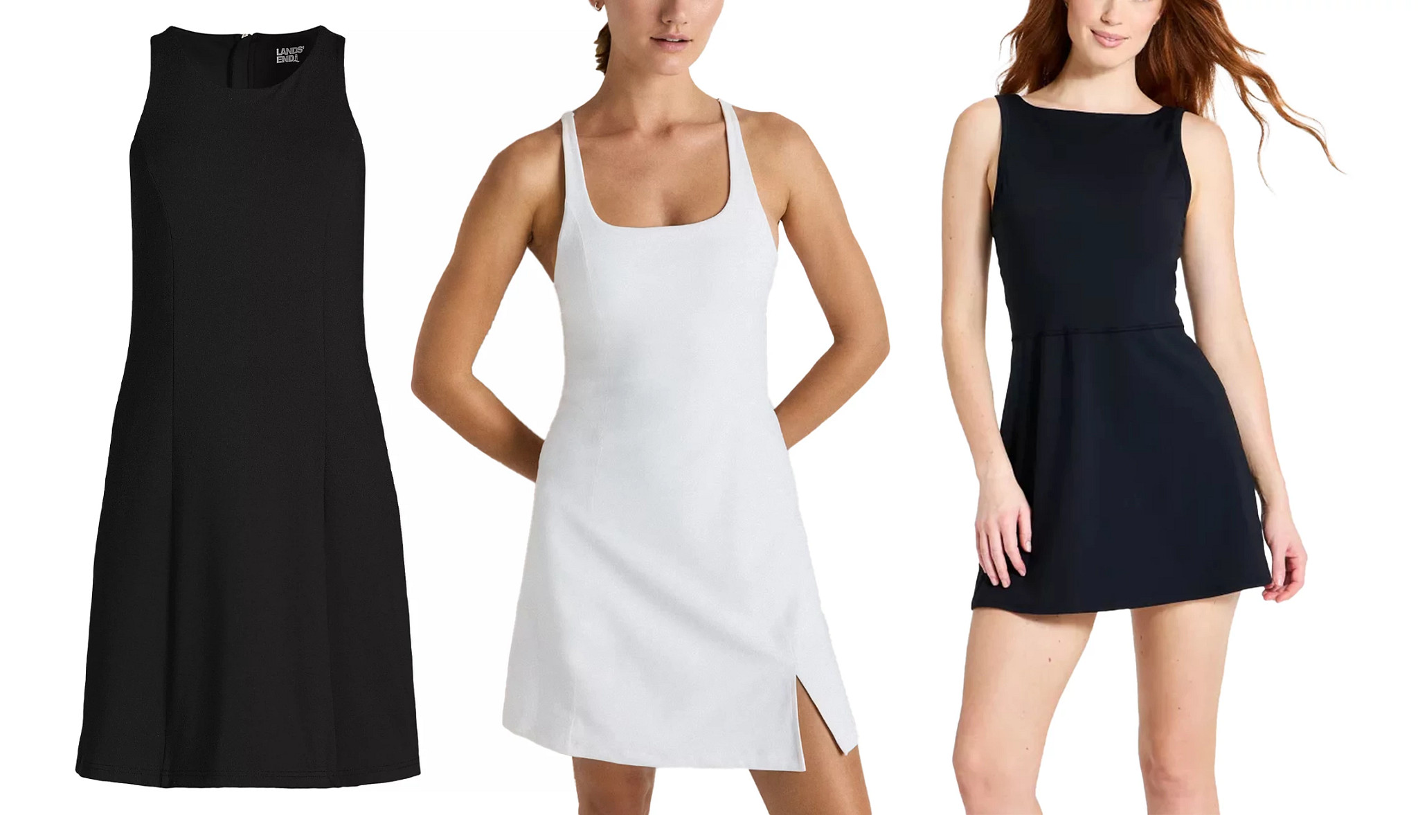 a black sleeveless performance dress and two models wearing performance dresses in white and black