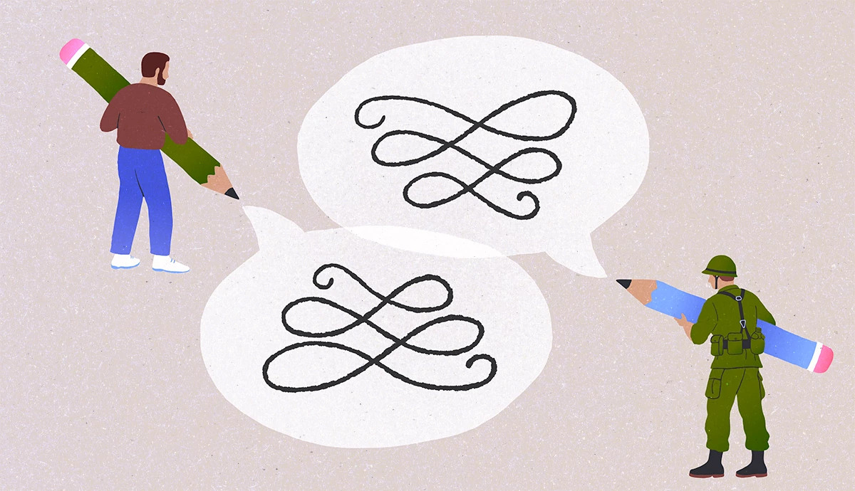 Two figures write into speech bubbles with giant pencils