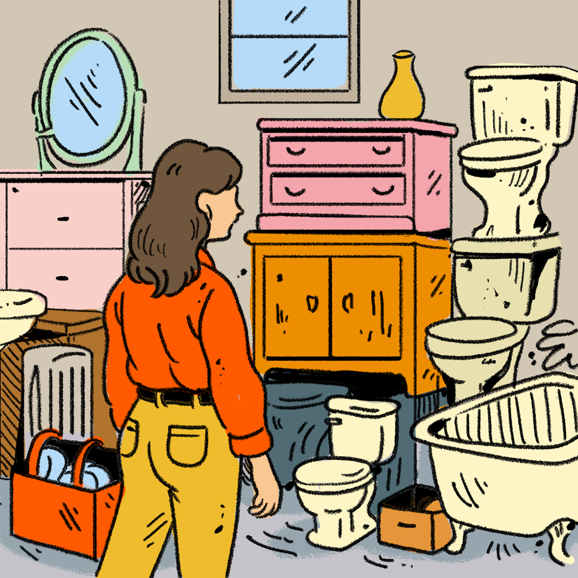 a woman looks at a stack of toilets, dressers and other furniture