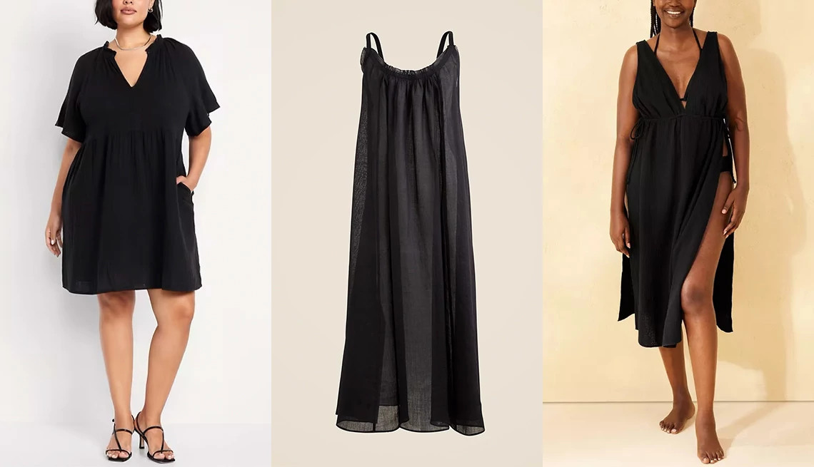 three different swimwear cover-up dresses, all in solid black