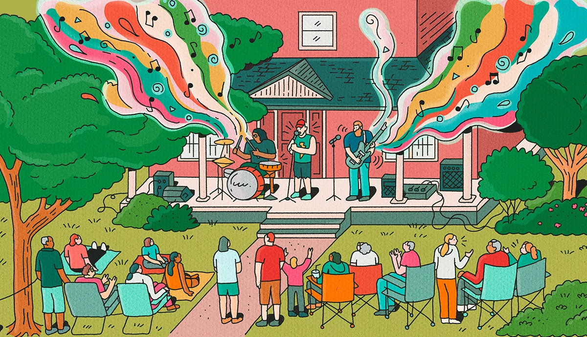 an illustration shows a band playing music on the front porch of a house while people look on from chairs on the lawn