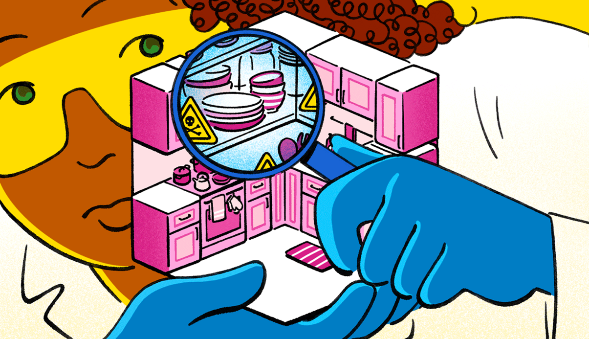 Gif illustration of woman inspecting kitchen hazards with a magnifying glass.
