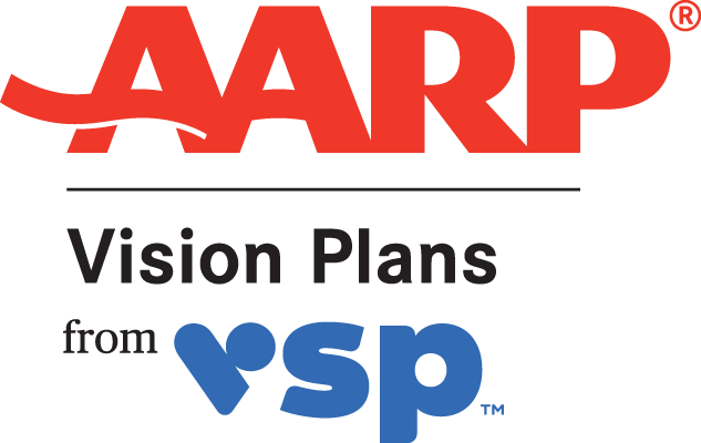 AARP Vision Plans from VSP A A R P in red letter over top of Vision Plan from in black letter, large blue VSP lettering