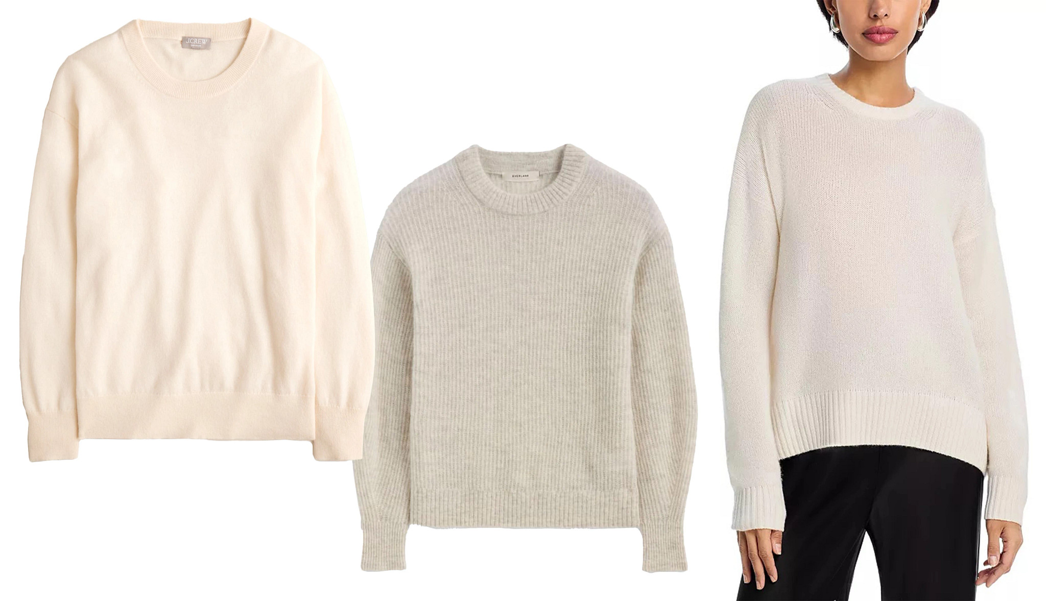 a collage with three different sweaters in white and cream
