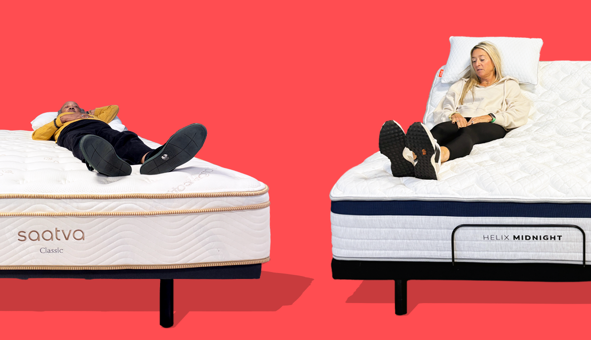 One person lies on a Saatva mattress next to another person sitting on a Helix mattress