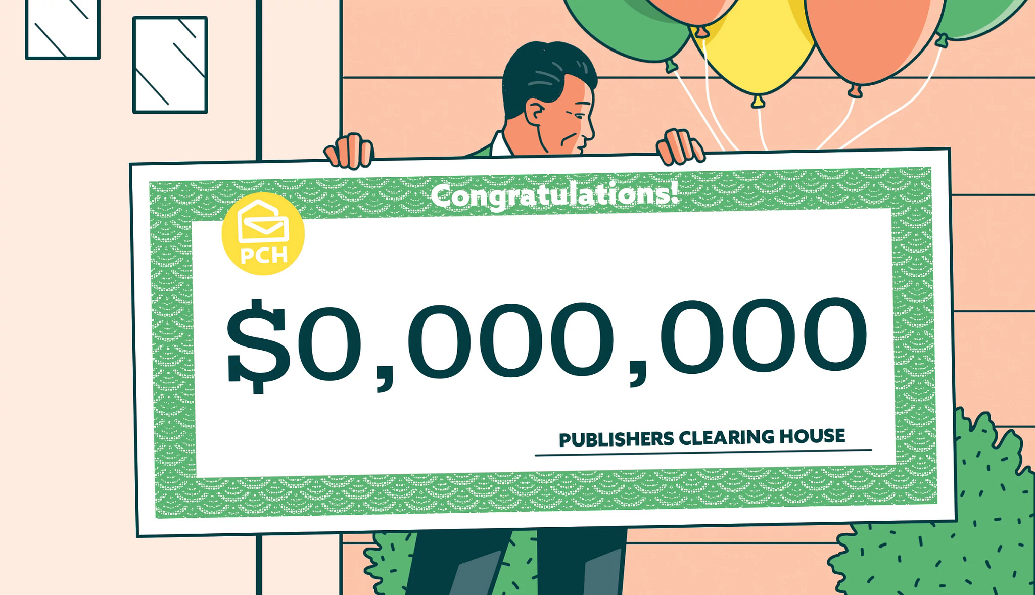 a figure holds a giant check worth zero dollars, symbolizing a publishers clearing house scam