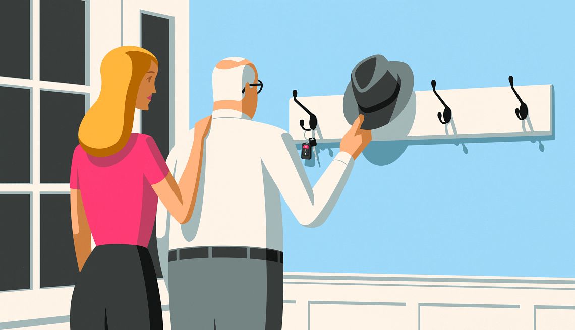 How to help parents navigate big life changes daughter puts a hand on father's shoulder as he hangs up car keys and a hat