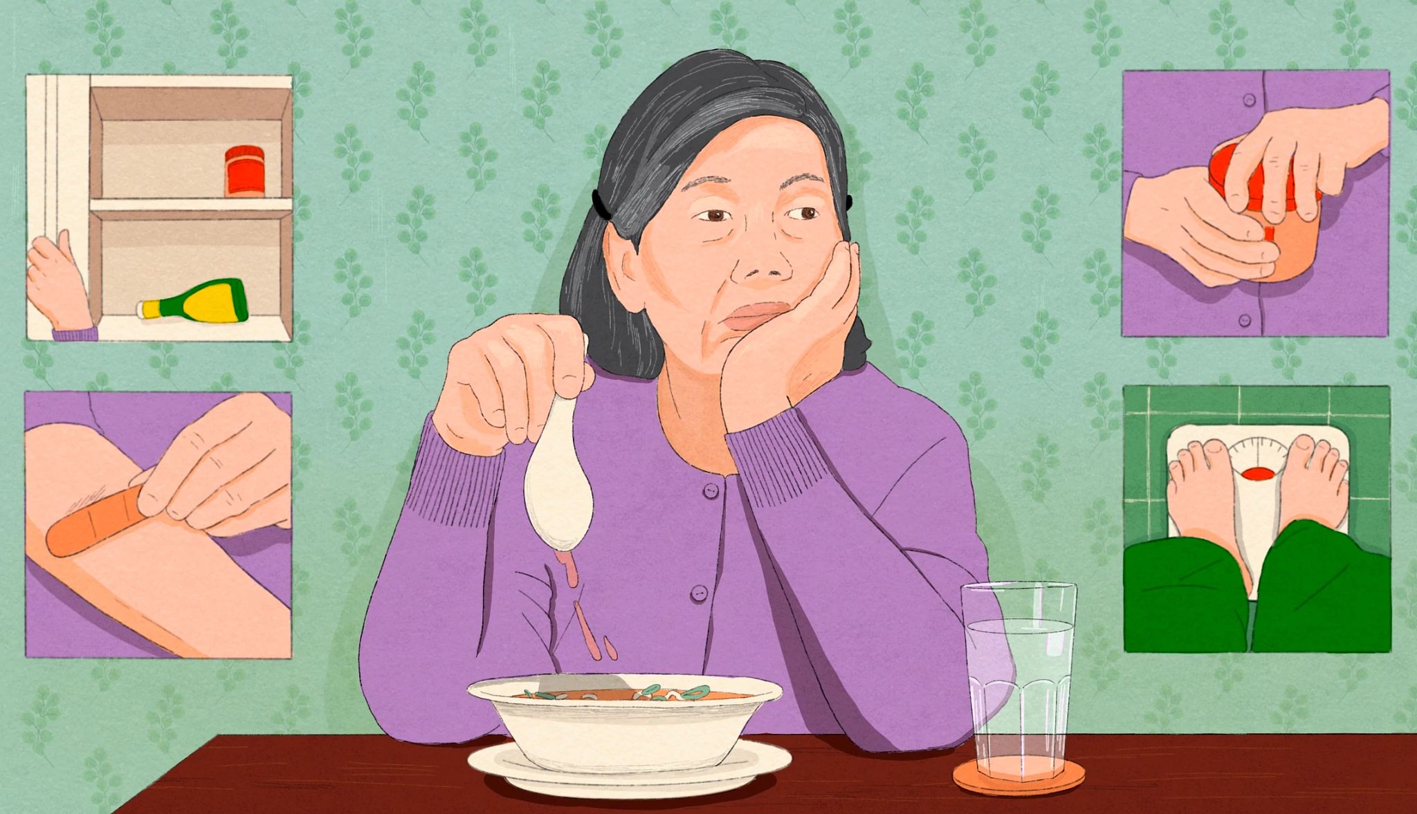 How to Spot Malnutrition Symptoms a woman sits in front of a bowl of soup, but does not eat