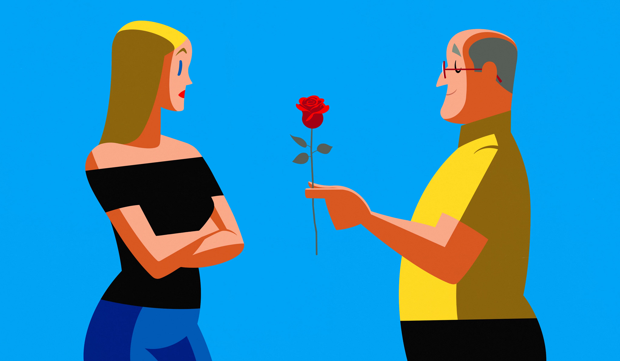 an illustration shows a bald, overweight older male in glasses offering a rose to an attractive younger woman